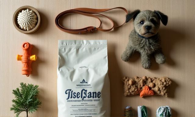 Vari tipi di cibo e accessori per cani disposti in modo ordinato