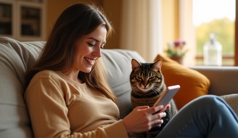 Proprietaria di gatto felice che scrive una recensione positiva