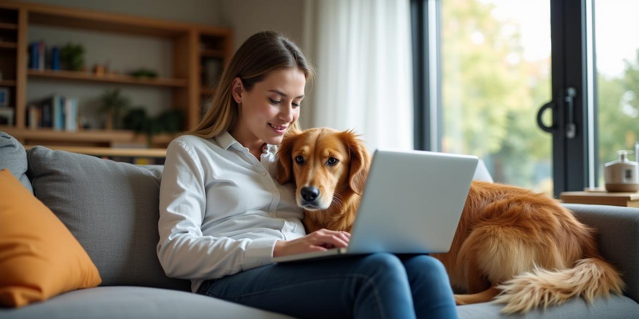 Un proprietario di cane che cerca prodotti online sul suo laptop