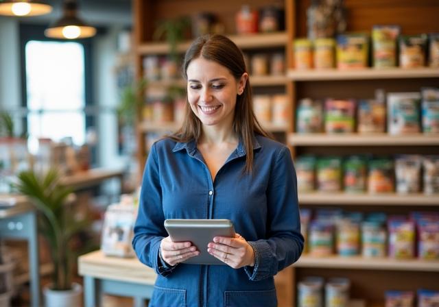 Proprietario di pet shop che utilizza tablet per gestire contenuti digitali