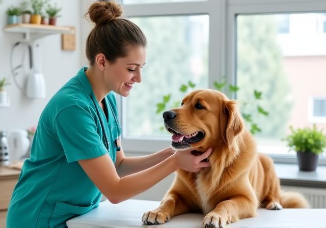 Veterinario sorridente che visita un cane in una clinica moderna